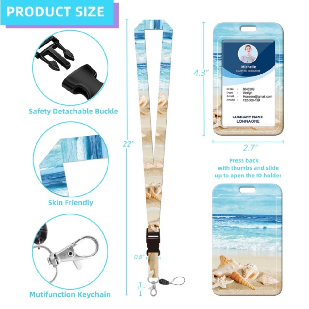 ID Badge Holder with Lanyard, Detachable Lanyards,Vertical Card Protector(beach)